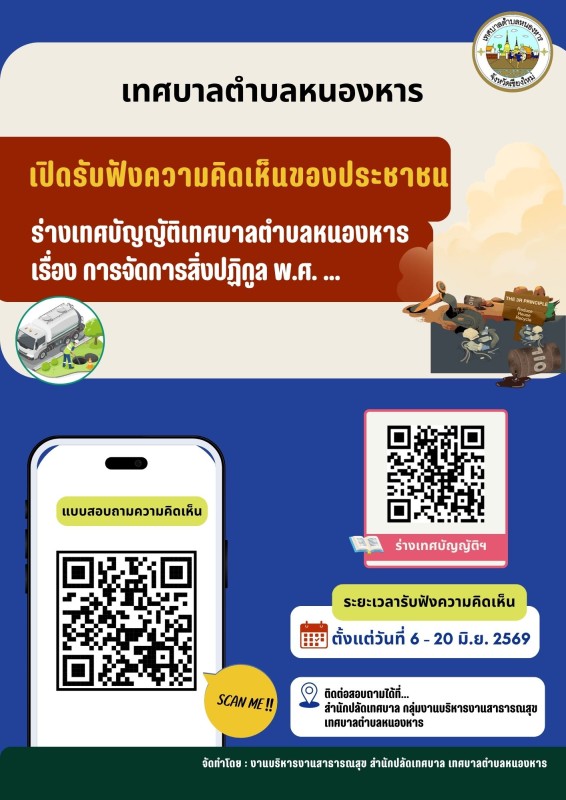 ขอเชิญชวนประชาชนร่วมแสดงความคิดเห็นเกี่ยวกับ (ร่าง) เทศบัญญัติเทศบาลตำบลหนองหาร เรื่อง การจัดการสิ่งปฏิกูล พ.ศ. ... "ร่วมแสดงความคิดเห็นได้ตั้งแต่วันที่ 6-20 มิถุนายน 2569"